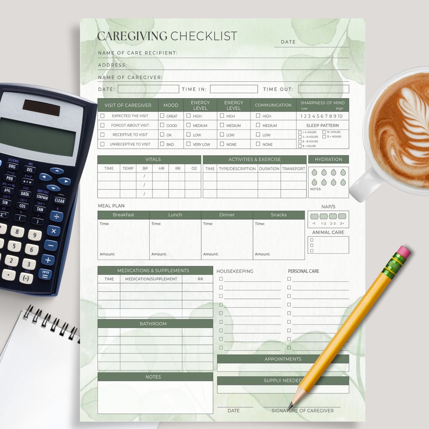 Simplify caregiving with this Printable Caregiver Checklist, thoughtfully designed to help you stay organized and on top of every detail. Whether you're a professional caregiver, a family member caring for a loved one, or a nanny managing a busy schedule, this caregiver checklist planner is your ultimate companion. Track key aspects like medications, daily activities, mood, vitals, and appointments with ease.
