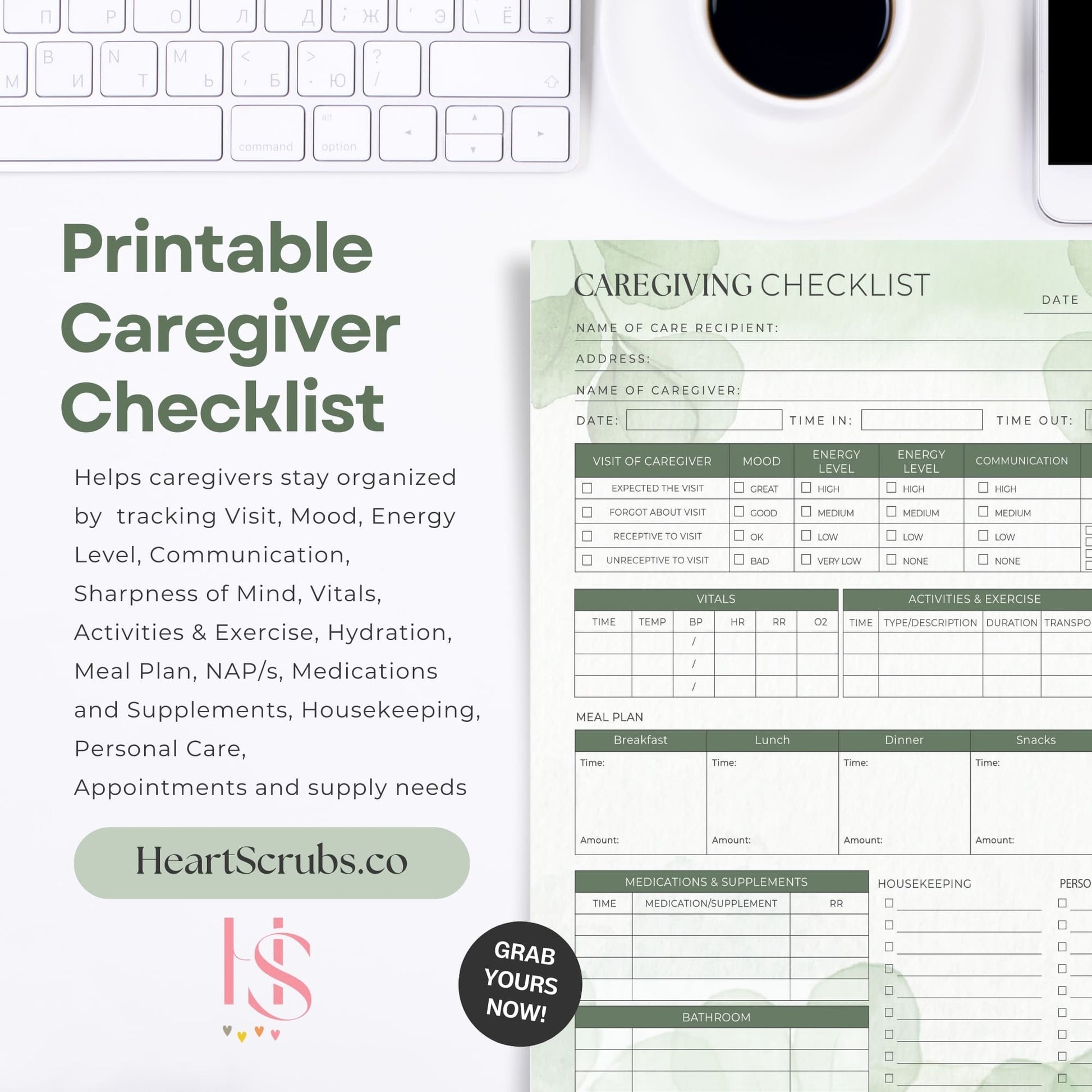 Simplify caregiving with this Printable Caregiver Checklist, thoughtfully designed to help you stay organized and on top of every detail. Whether you're a professional caregiver, a family member caring for a loved one, or a nanny managing a busy schedule, this caregiver checklist planner is your ultimate companion. Track key aspects like medications, daily activities, mood, vitals, and appointments with ease.