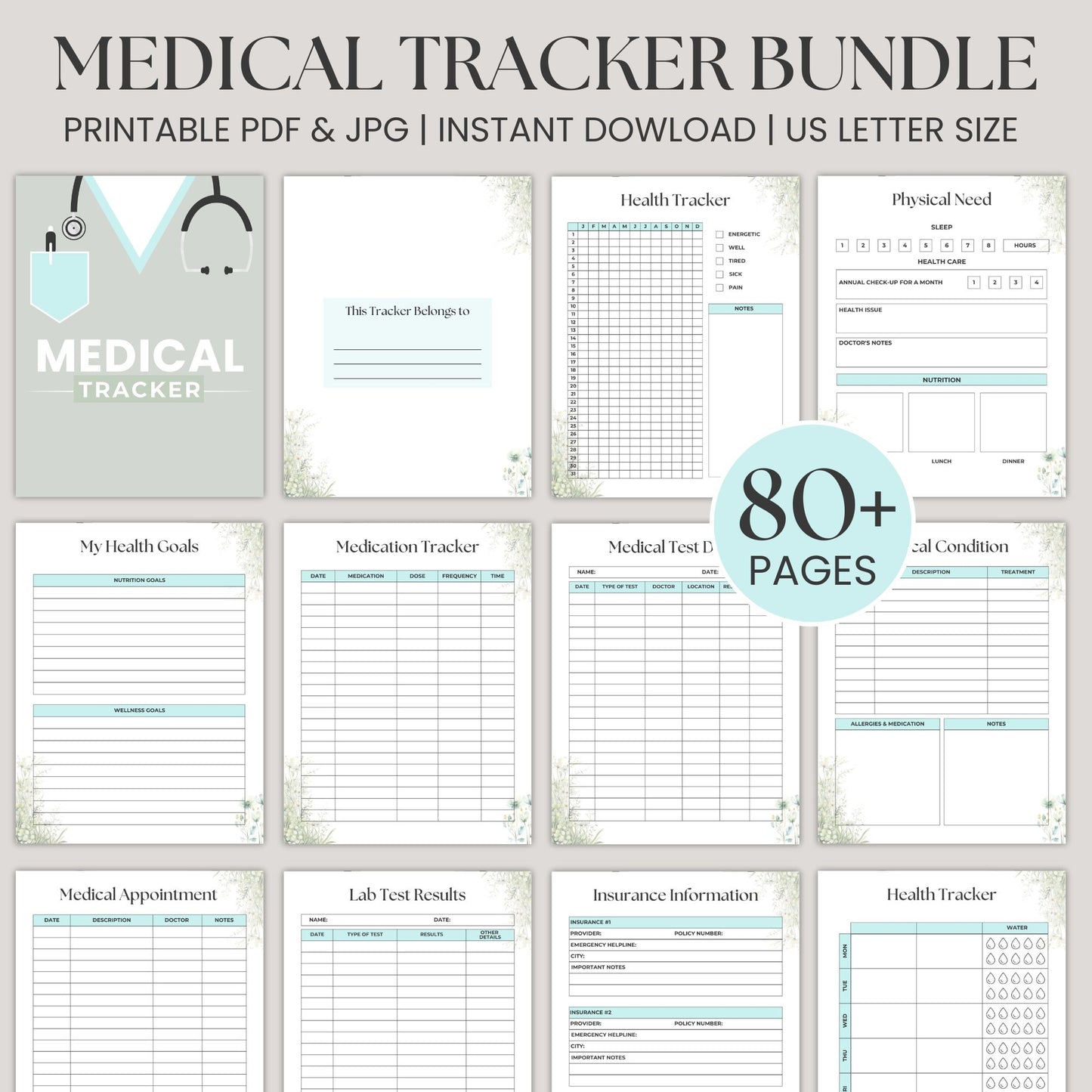 Simplify your health with our Printable Medical Tracker 80+ Pages Bundle. Track medical records, symptoms, diet, sleep, exercise, medications, and emergencies. Perfect for caregivers, chronic illness management, and personal wellness planning. Instant download in JPG & PDF!