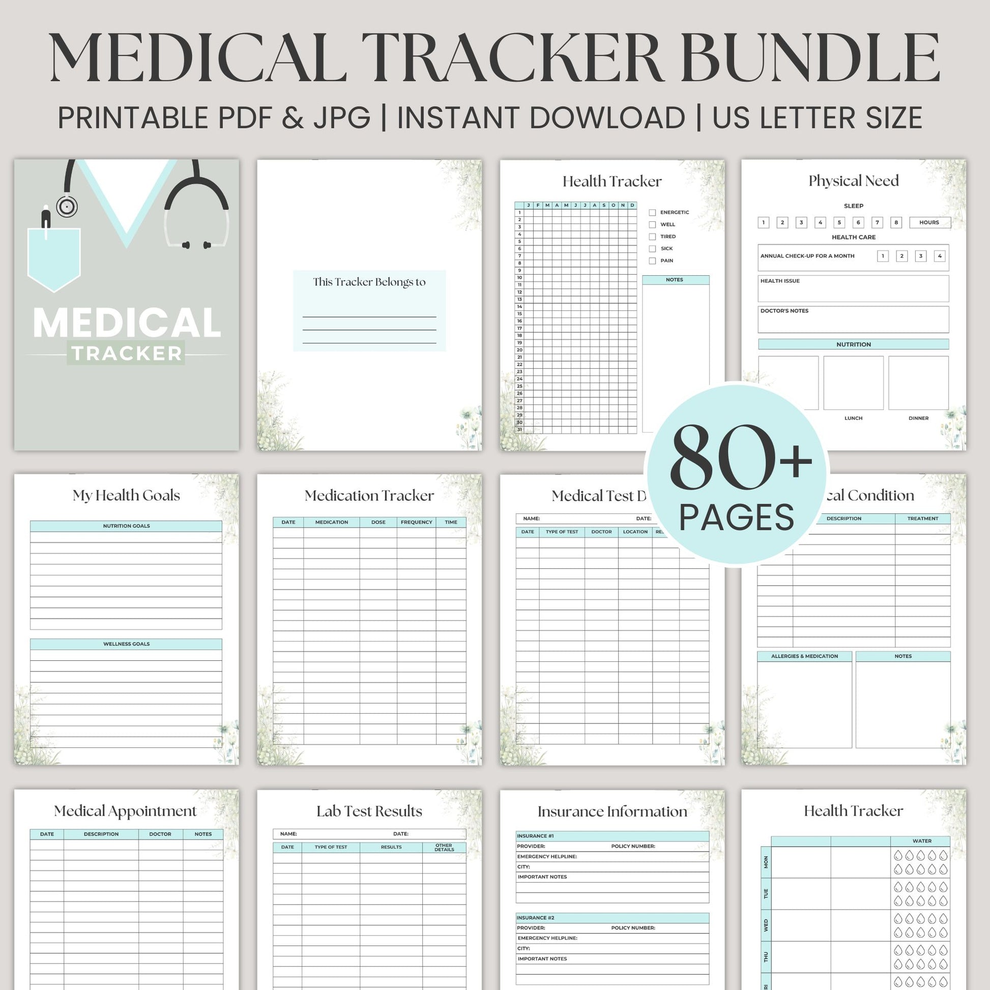 Simplify your health with our Printable Medical Tracker 80+ Pages Bundle. Track medical records, symptoms, diet, sleep, exercise, medications, and emergencies. Perfect for caregivers, chronic illness management, and personal wellness planning. Instant download in JPG & PDF!