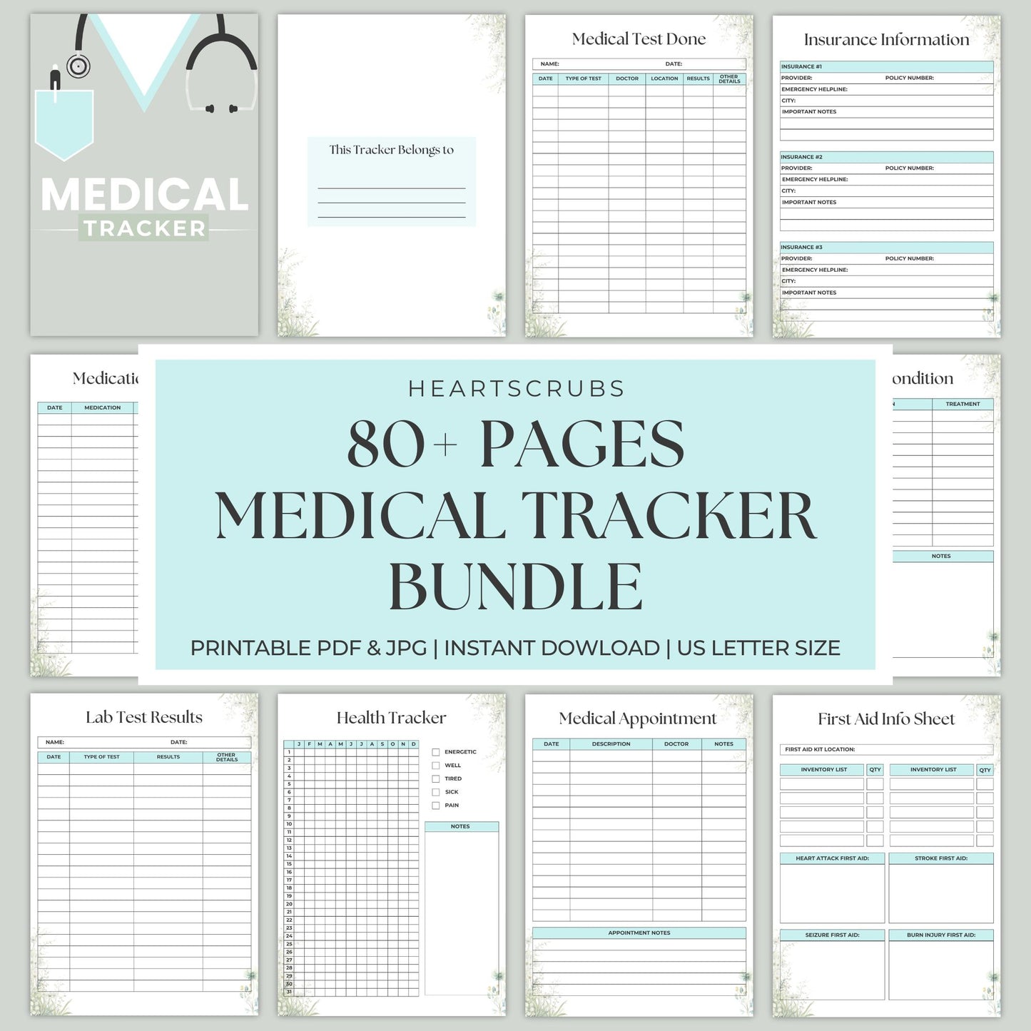 Simplify your health with our Printable Medical Tracker 80+ Pages Bundle. Track medical records, symptoms, diet, sleep, exercise, medications, and emergencies. Perfect for caregivers, chronic illness management, and personal wellness planning. Instant download in JPG & PDF!