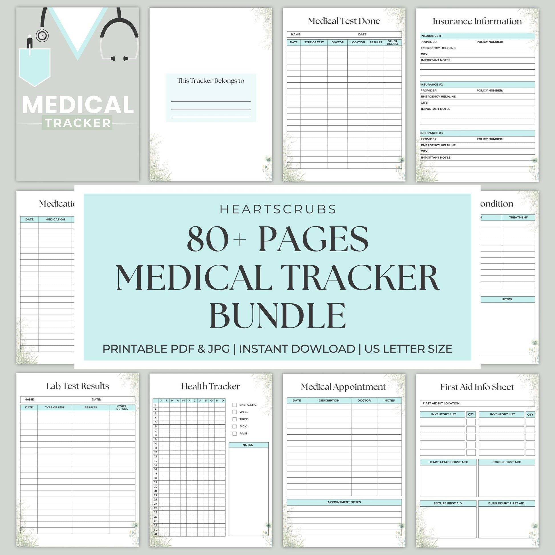 Simplify your health with our Printable Medical Tracker 80+ Pages Bundle. Track medical records, symptoms, diet, sleep, exercise, medications, and emergencies. Perfect for caregivers, chronic illness management, and personal wellness planning. Instant download in JPG & PDF!