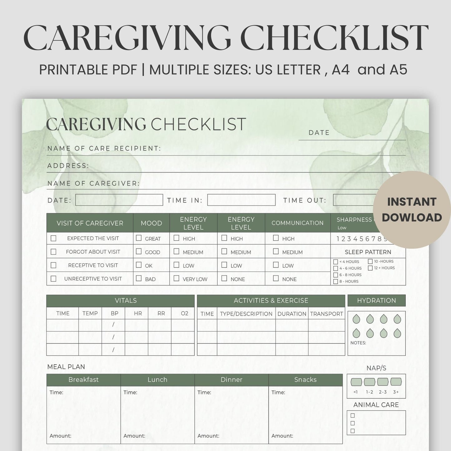 Simplify caregiving with this Printable Caregiver Checklist, thoughtfully designed to help you stay organized and on top of every detail. Whether you're a professional caregiver, a family member caring for a loved one, or a nanny managing a busy schedule, this caregiver checklist planner is your ultimate companion. Track key aspects like medications, daily activities, mood, vitals, and appointments with ease.