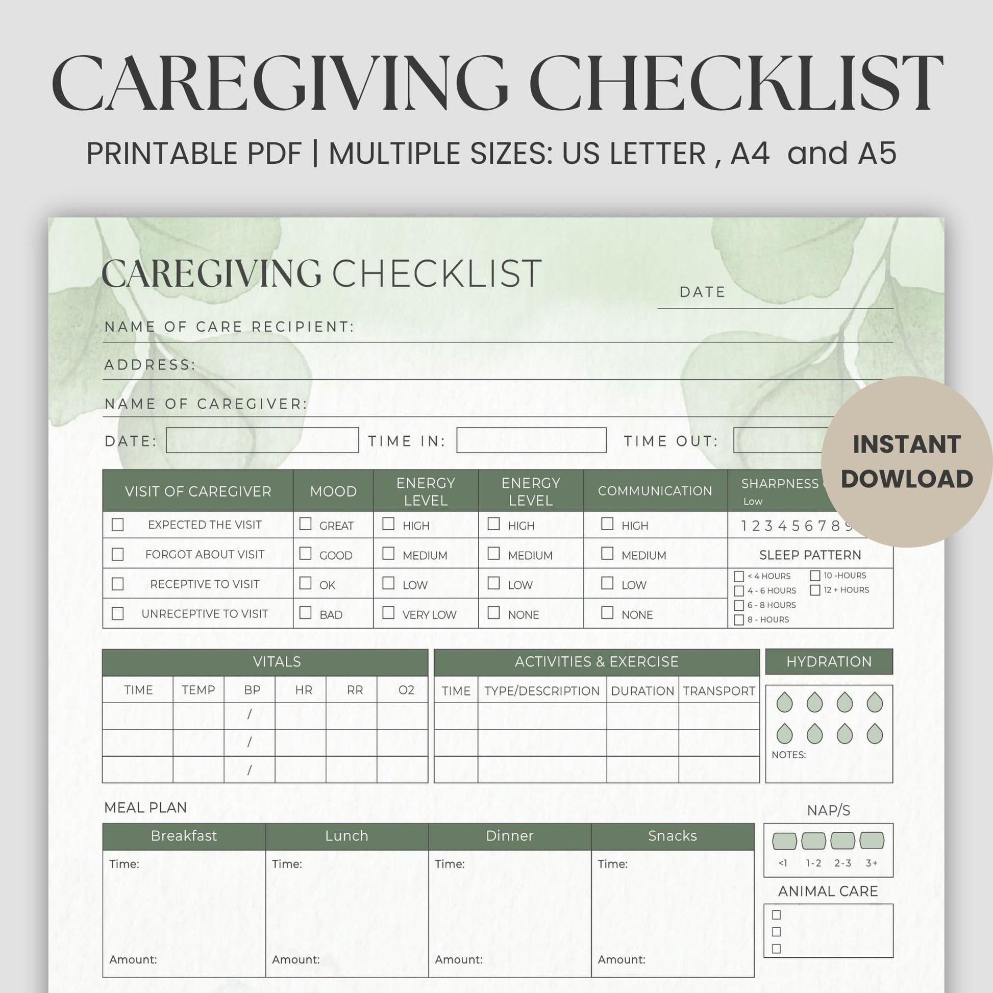 Simplify caregiving with this Printable Caregiver Checklist, thoughtfully designed to help you stay organized and on top of every detail. Whether you're a professional caregiver, a family member caring for a loved one, or a nanny managing a busy schedule, this caregiver checklist planner is your ultimate companion. Track key aspects like medications, daily activities, mood, vitals, and appointments with ease.
