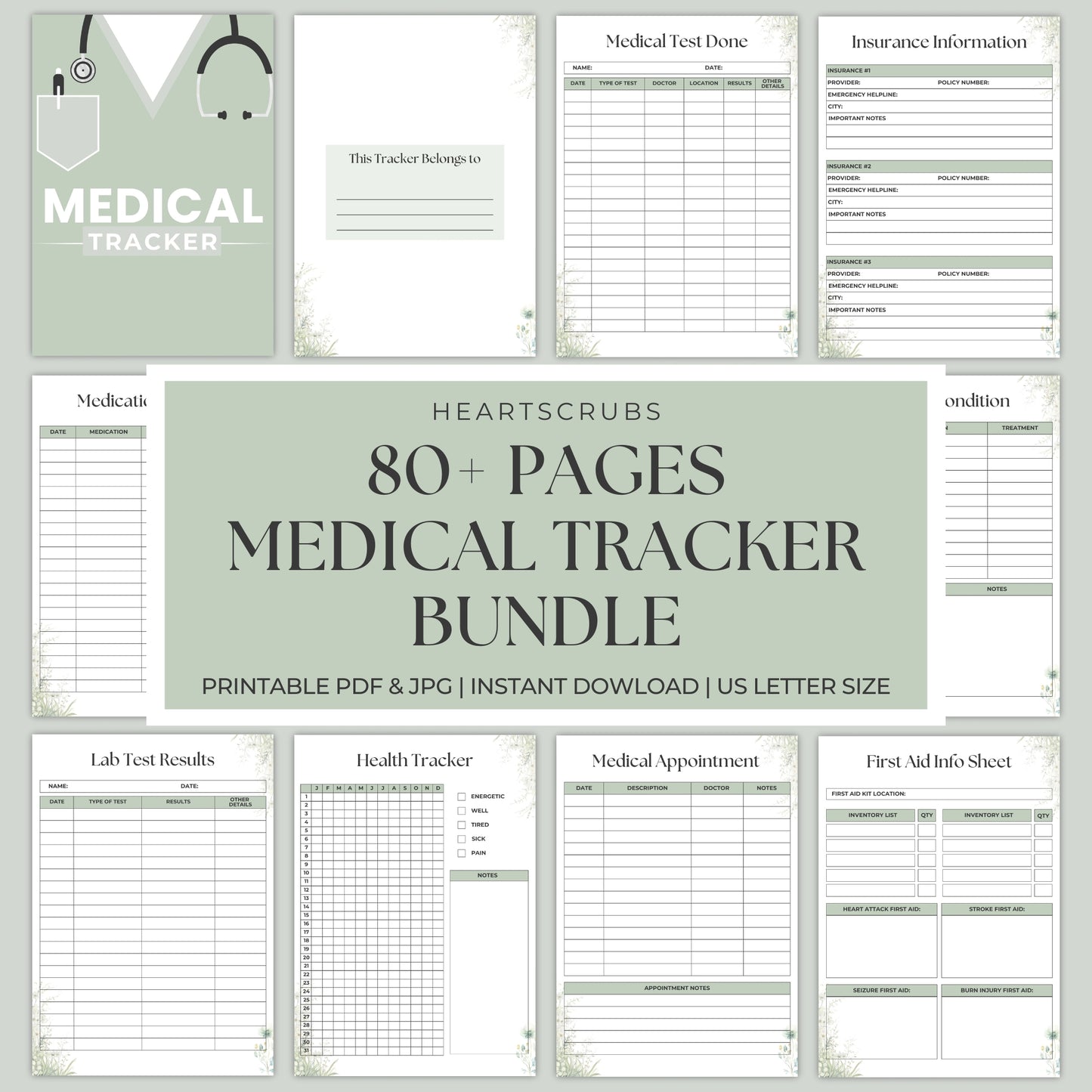 Manage your health with our 80+ page Printable Medical Tracker Bundle. Track symptoms, medications, appointments, blood pressure, goals, and more. Includes tools for emergencies, wellness, and family health management. Download in JPG & PDF!