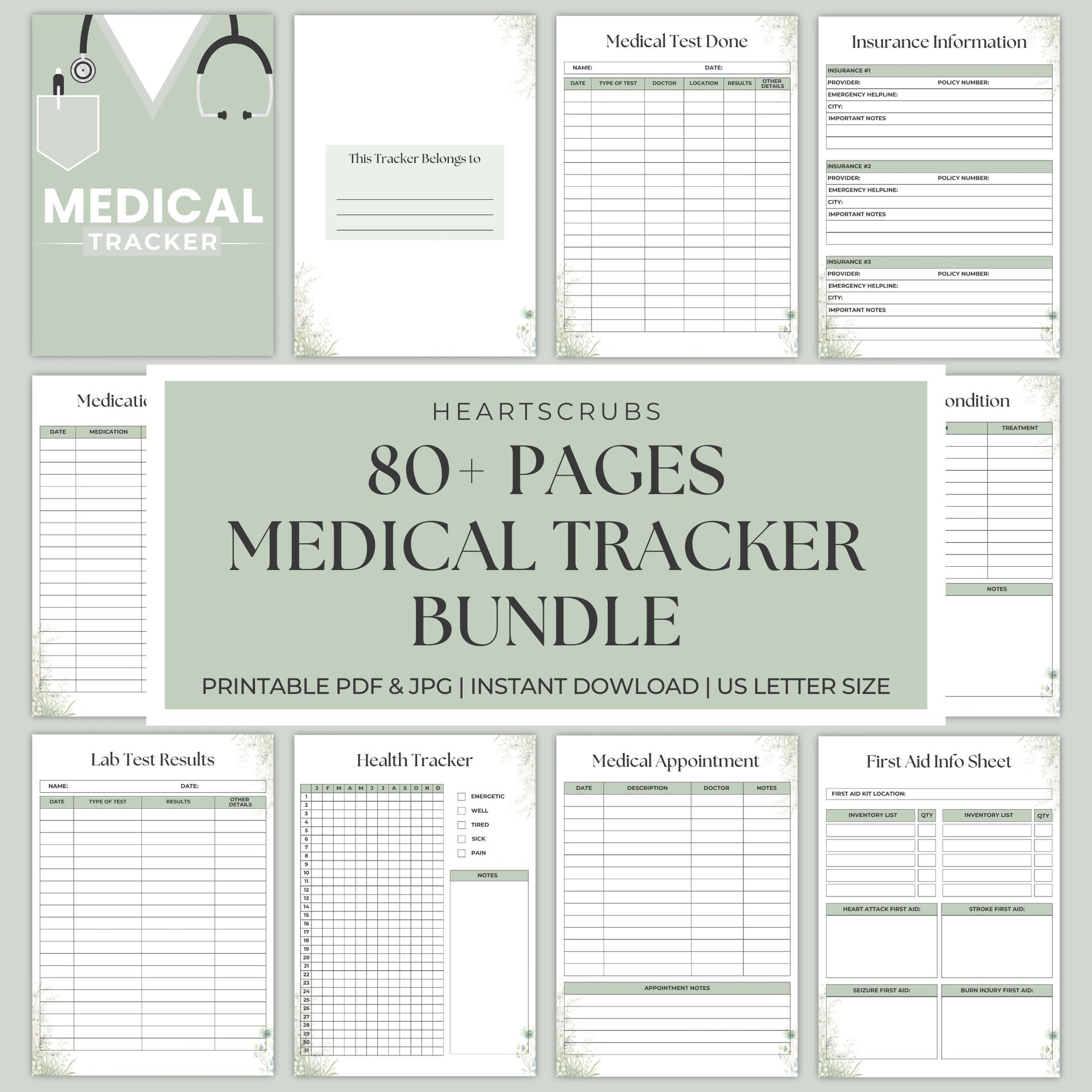 Manage your health with our 80+ page Printable Medical Tracker Bundle. Track symptoms, medications, appointments, blood pressure, goals, and more. Includes tools for emergencies, wellness, and family health management. Download in JPG & PDF!