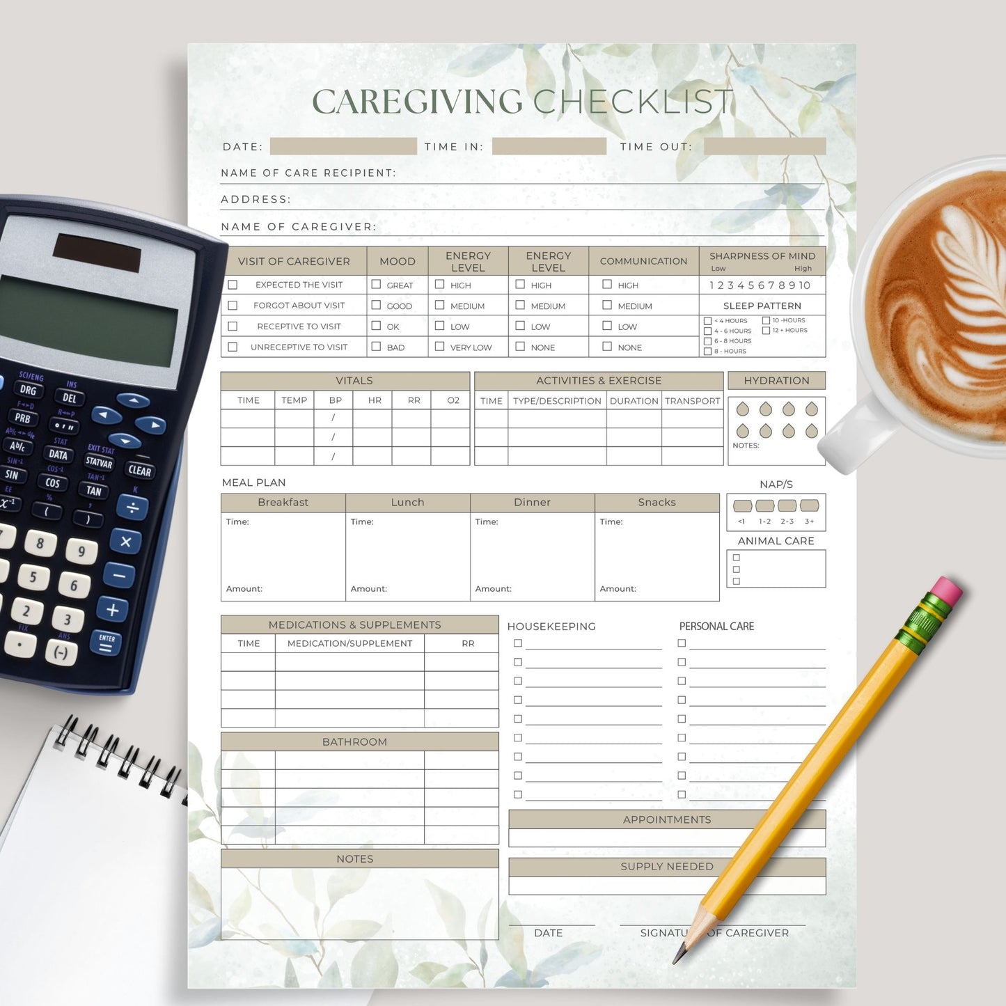 Effortlessly manage caregiving responsibilities with this Printable Caregiver Checklist, designed to streamline your daily caregiving routine. Whether you’re tracking medications, monitoring energy levels, or keeping tabs on vital signs, this caregiver planner is the ultimate tool for staying organized and providing exceptional care.