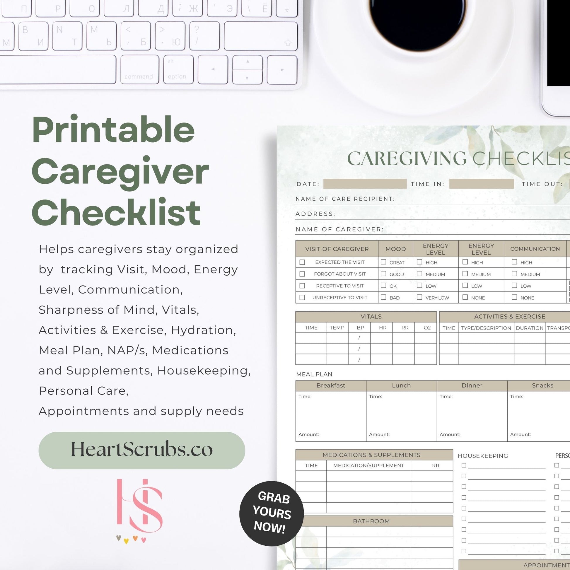 Effortlessly manage caregiving responsibilities with this Printable Caregiver Checklist, designed to streamline your daily caregiving routine. Whether you’re tracking medications, monitoring energy levels, or keeping tabs on vital signs, this caregiver planner is the ultimate tool for staying organized and providing exceptional care.