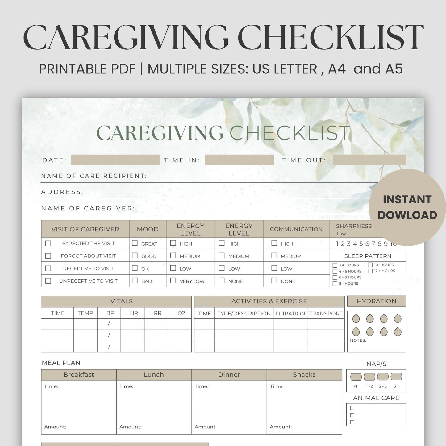 Effortlessly manage caregiving responsibilities with this Printable Caregiver Checklist, designed to streamline your daily caregiving routine. Whether you’re tracking medications, monitoring energy levels, or keeping tabs on vital signs, this caregiver planner is the ultimate tool for staying organized and providing exceptional care.