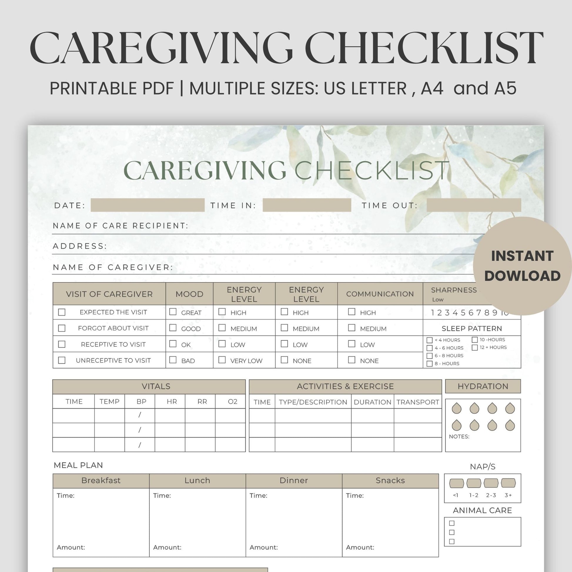 Effortlessly manage caregiving responsibilities with this Printable Caregiver Checklist, designed to streamline your daily caregiving routine. Whether you’re tracking medications, monitoring energy levels, or keeping tabs on vital signs, this caregiver planner is the ultimate tool for staying organized and providing exceptional care.