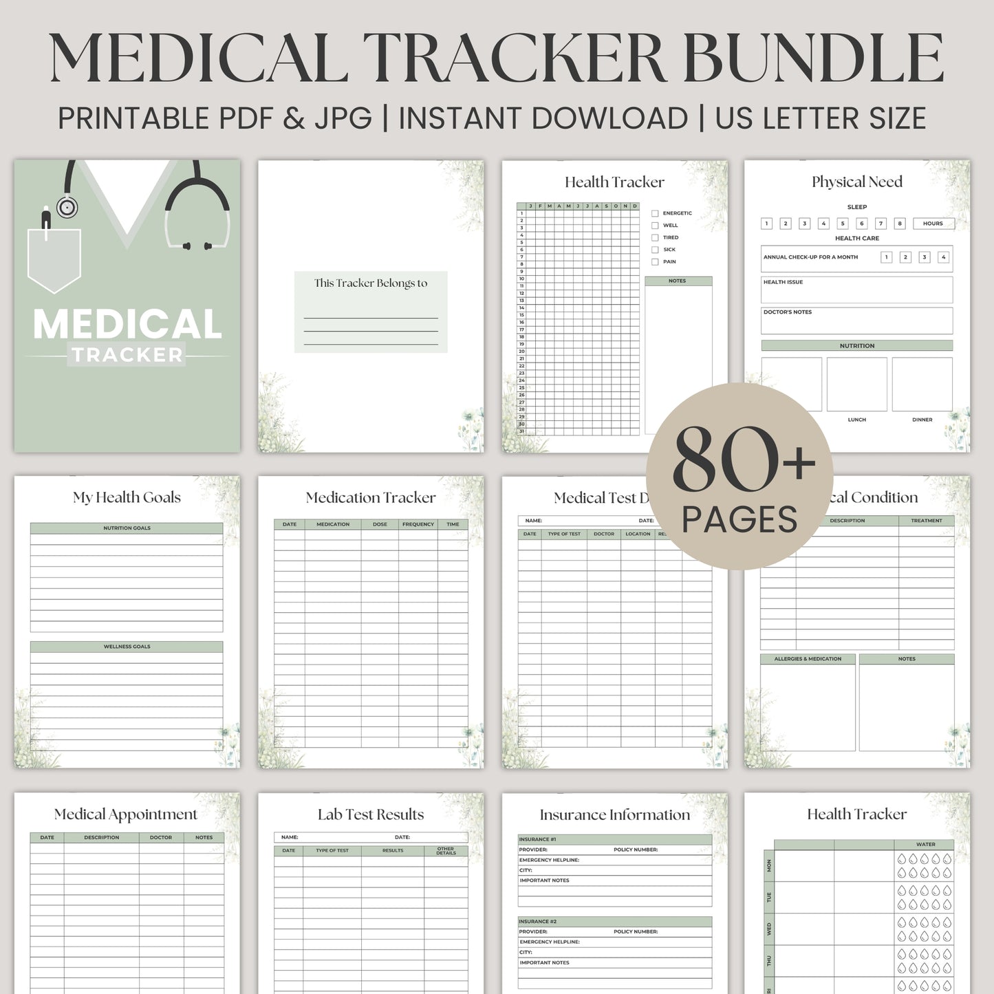 Manage your health with our 80+ page Printable Medical Tracker Bundle. Track symptoms, medications, appointments, blood pressure, goals, and more. Includes tools for emergencies, wellness, and family health management. Download in JPG & PDF!